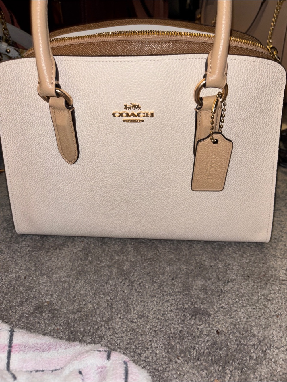 Coach Pebbled Leather Satchel in Cream with Tan Trim